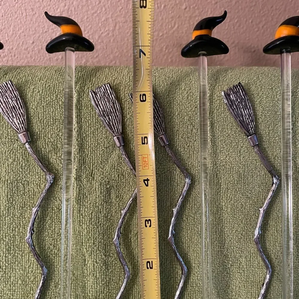 Blown Glass Witch Hat Stir Sticks Metal Broom Stir Sticks lot of 8!